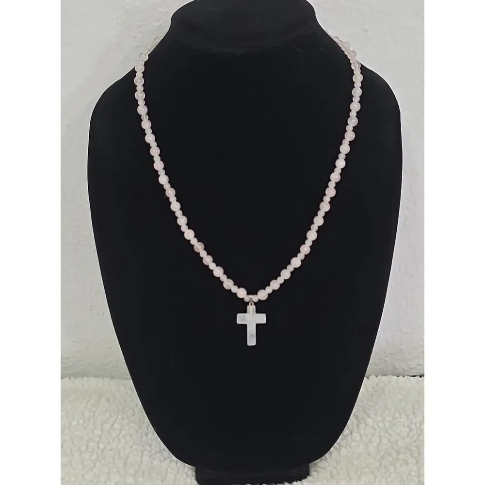 Rose Quartz Beaded Cross Pendant Necklace Silver Tone Toggle Clasp 22